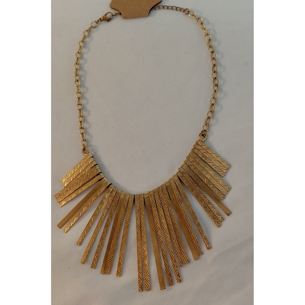Gold Tone Geometric Fringe Statement Necklace Textured Bar Bib Adjustable